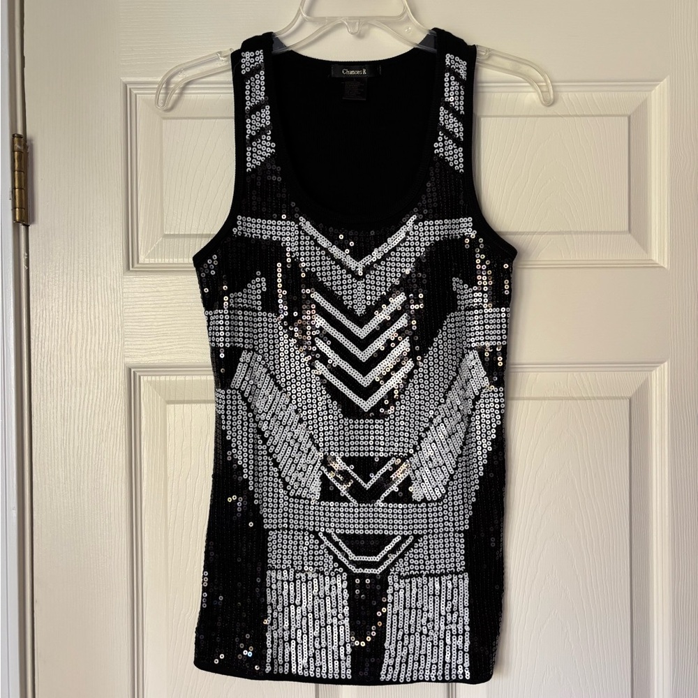 Unique Black & White Knit & Sequin art deco Tank Top